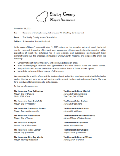 Letter from Shelby County Mayors Association