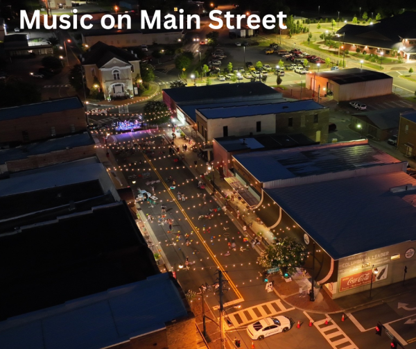 Drone photo of main street at night